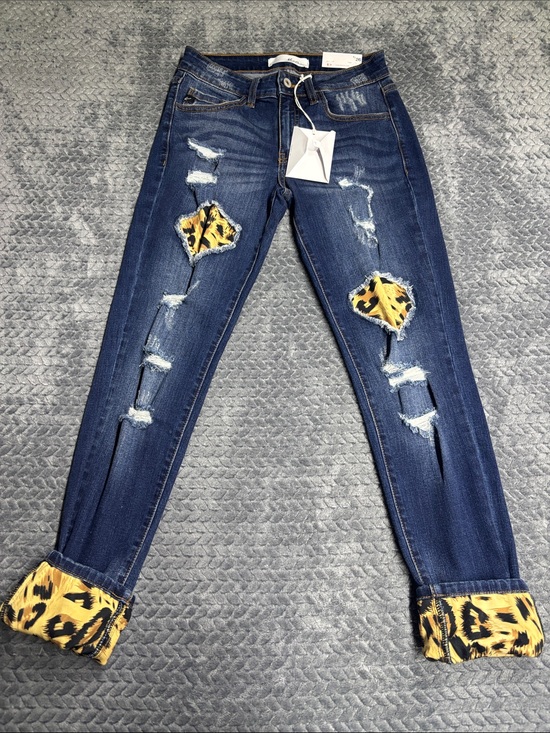 KanCan Denim - KanCan Dark Blue Distressed Jeans with Yellow Leopard Patch & Cuff